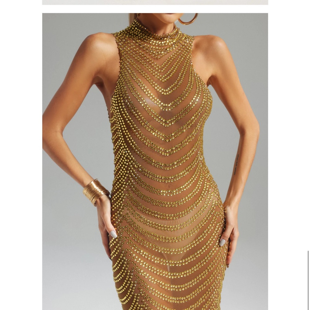 Gold Rhinestone Mesh Sleeveless Backless Bodycon Evening Maternity Maxi Dress